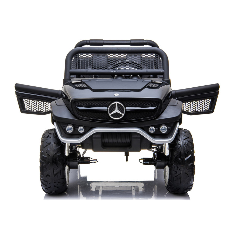 MERCEDES UNIMOG 4X4 PŁYNNY START, KOŁA EVA,12V 14Ah, SKÓRA Samochód elektryczny dla dzieci Czarny