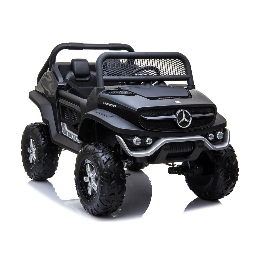 MERCEDES UNIMOG 4X4 PŁYNNY START, KOŁA EVA,12V 14Ah, SKÓRA Samochód elektryczny dla dzieci Czarny